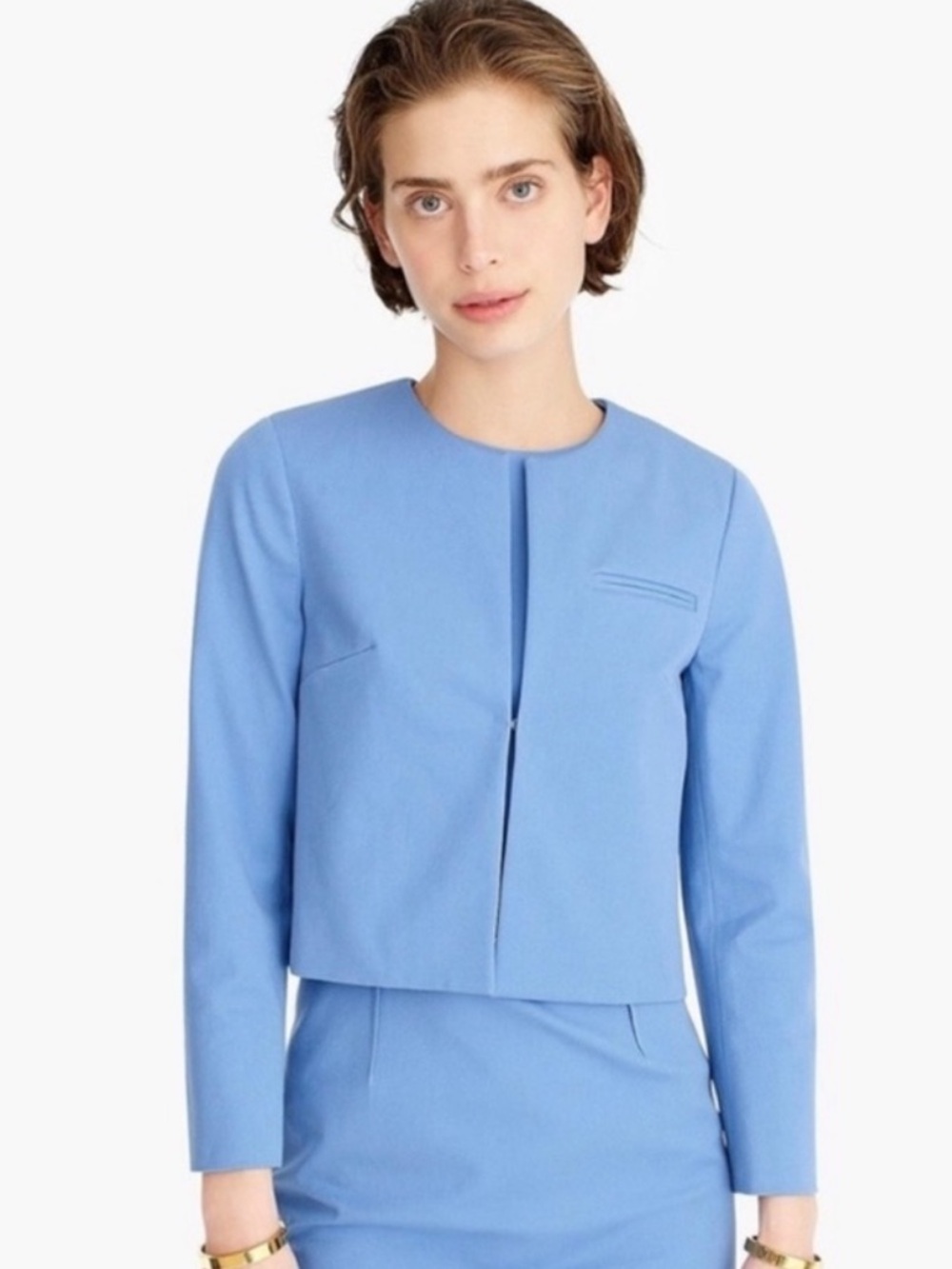 NWT J. Crew 365 Cropped Collarless Jacket In Bi-Stretch Cotton Blue Size 6